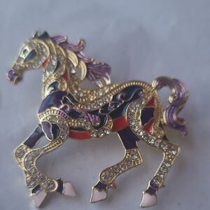 Horse Purple Gold , Red And Rhinestone Brooch